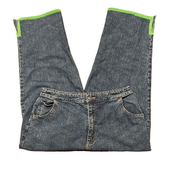 Quacker Factory fun cropped high waist green trim blue jeans size Large - Picture 1 of 9